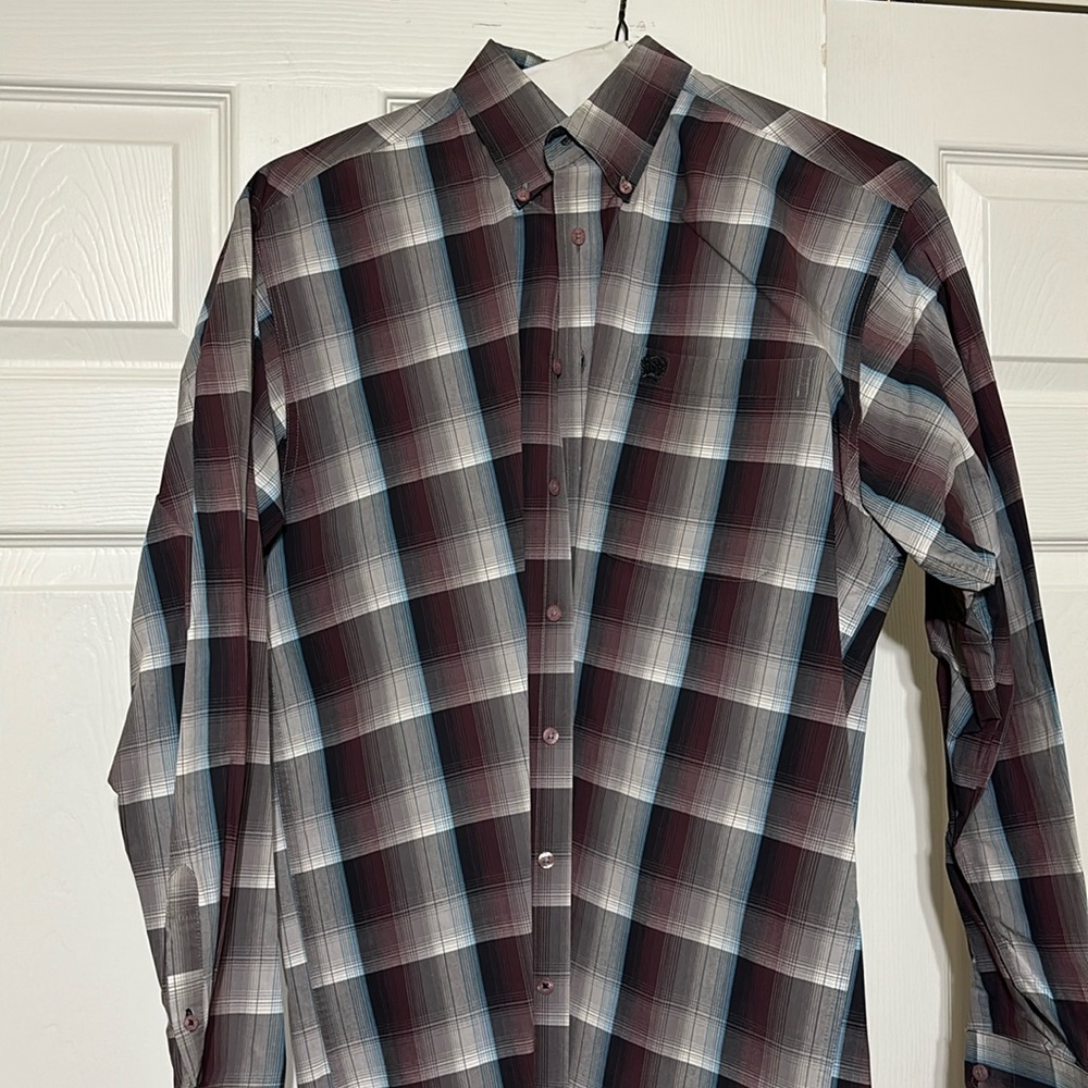 Cinch long sleeve button down. Plaid. Burgundy/Black/Gray with Blue pinstripes